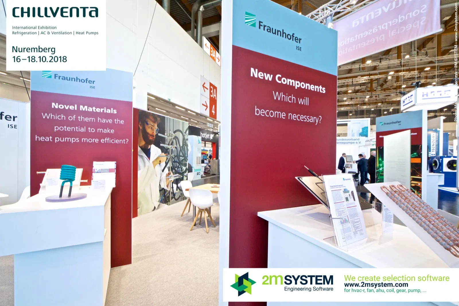 Fraunhofer ISE heat pump presentation with 'New Components' and 'Novel Materials' pillars at Chillventa 2018