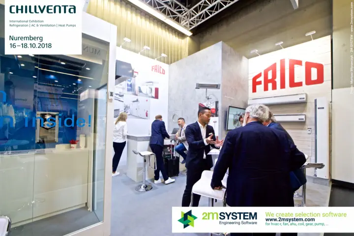 Frico air curtains and radiant heater above the stand counter at Chillventa 2018
