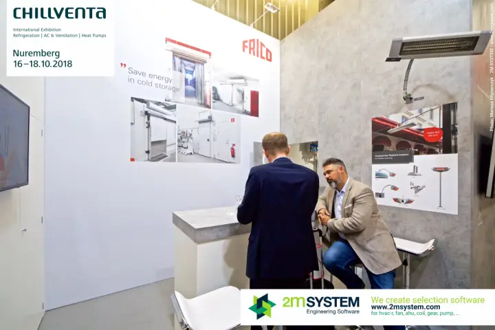 Frico counter with cold-storage graphics and a wall-mounted radiant heater at Chillventa 2018