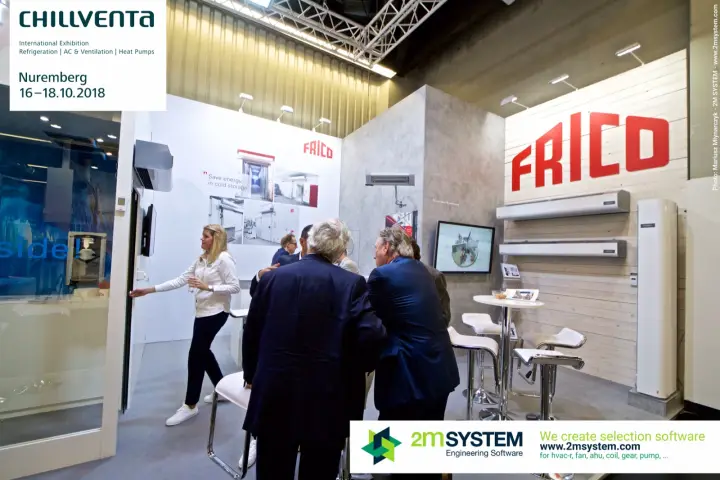 Frico stand with air curtains on a white timber wall and a demo door at Chillventa 2018