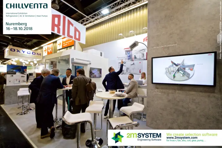 Frico stand with hanging logo banner and VR animation screen at Chillventa 2018