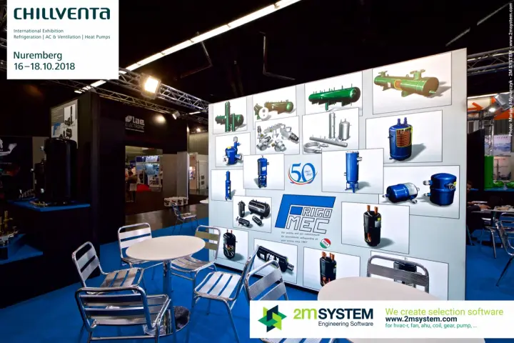 Frigomec 50-year anniversary wall with product photo grid at Chillventa 2018