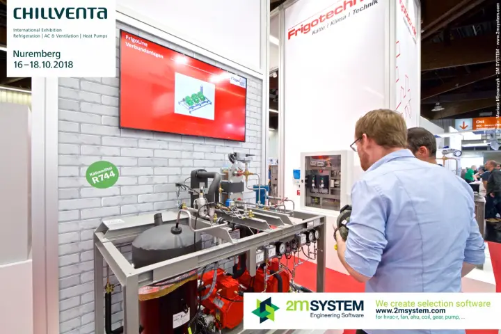 Frigotechnik FrigoLine R744 compressor rack below a red display at Chillventa 2018