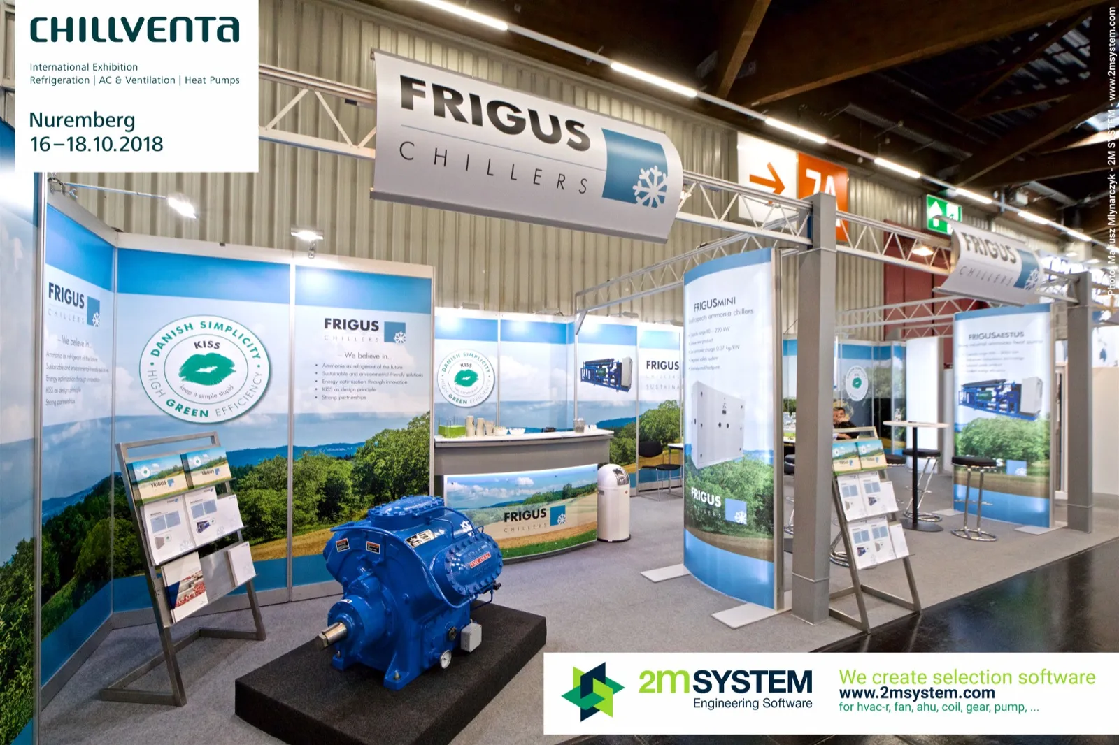 Frigus Chillers stand with a blue open-drive compressor on a plinth at Chillventa 2018