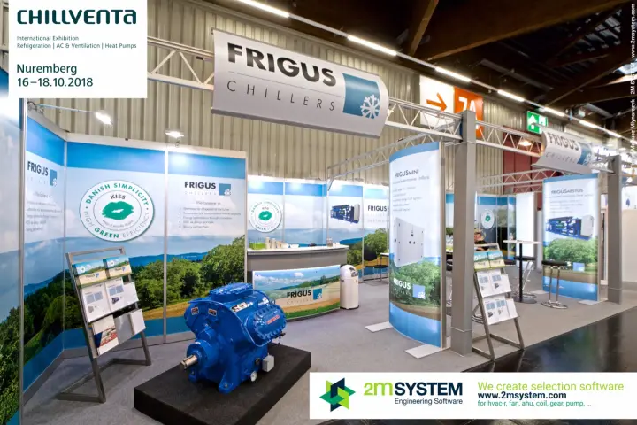 Frigus Chillers stand with a blue open-drive compressor on a plinth at Chillventa 2018