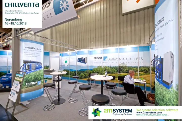 Frigus meeting area under the 'Ammonia Chillers' wall graphic at Chillventa 2018