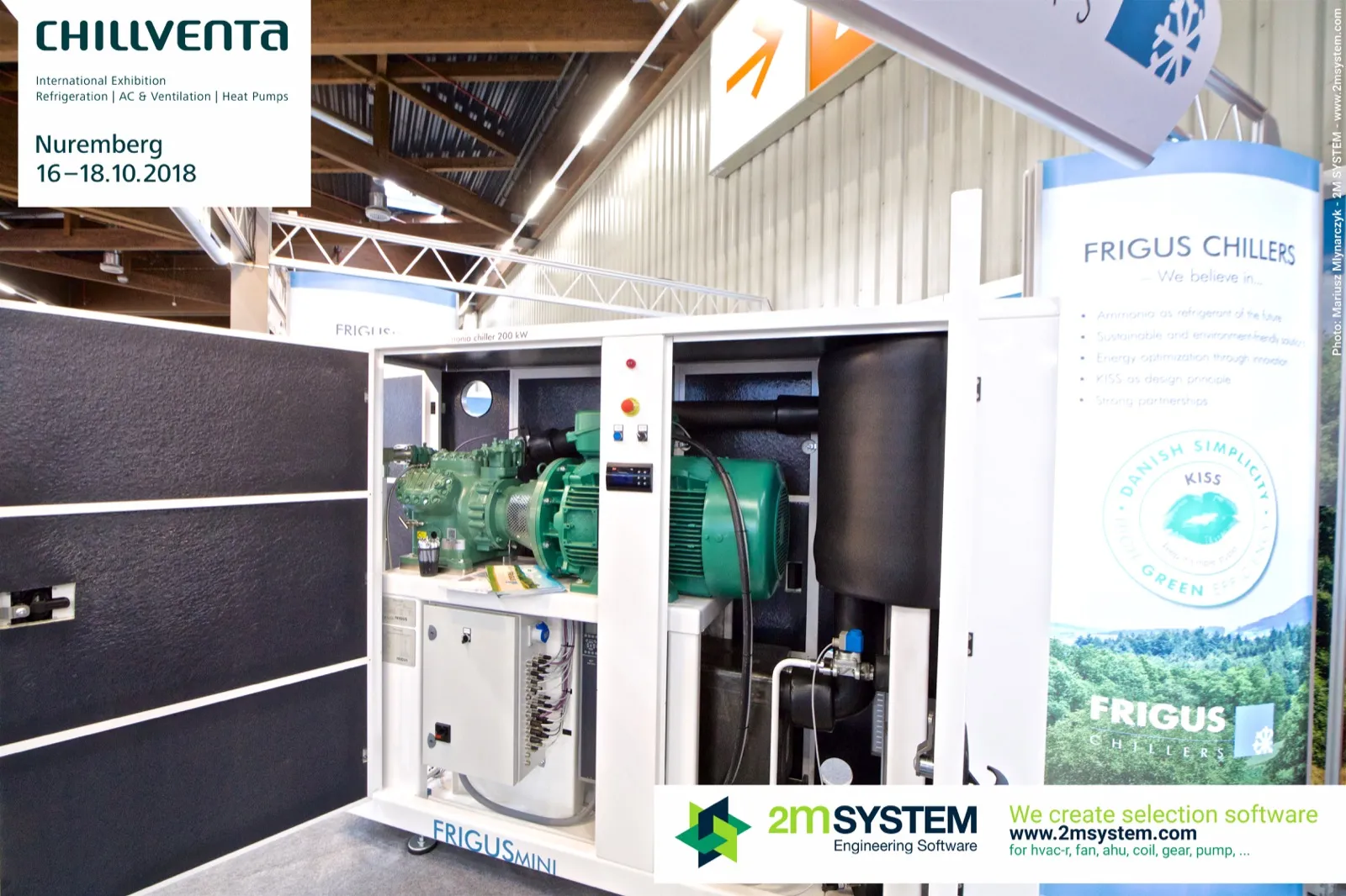 FrigusMini ammonia chiller with open doors showing compressor and motor at Chillventa 2018