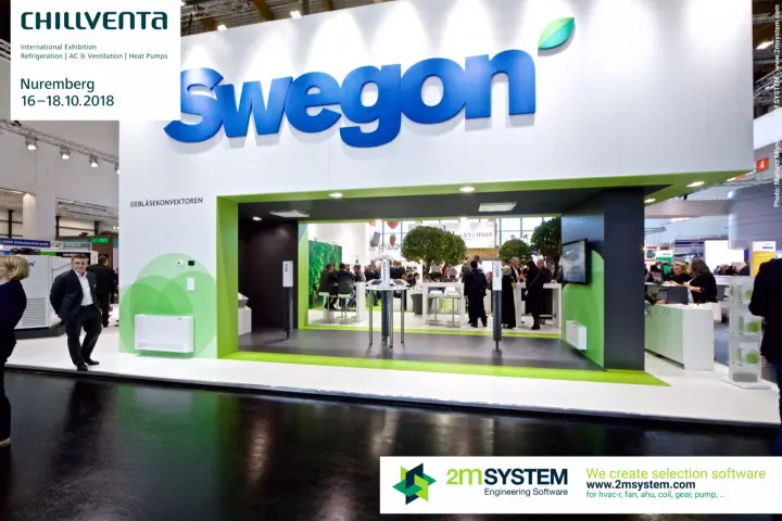 Front of the Swegon stand with "Gebläsekonvektoren" fan convector wall at Chillventa 2018