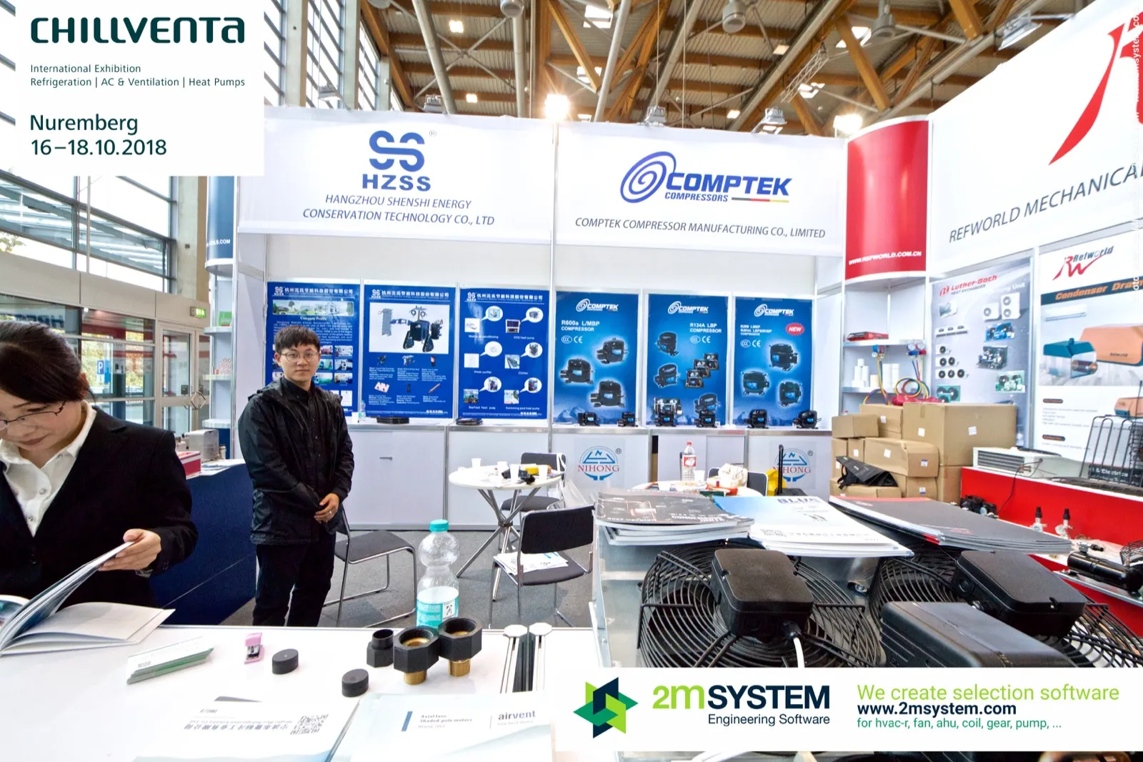 Front view of HZSS and Comptek booths with condensing unit fans on the counter at Chillventa 2018