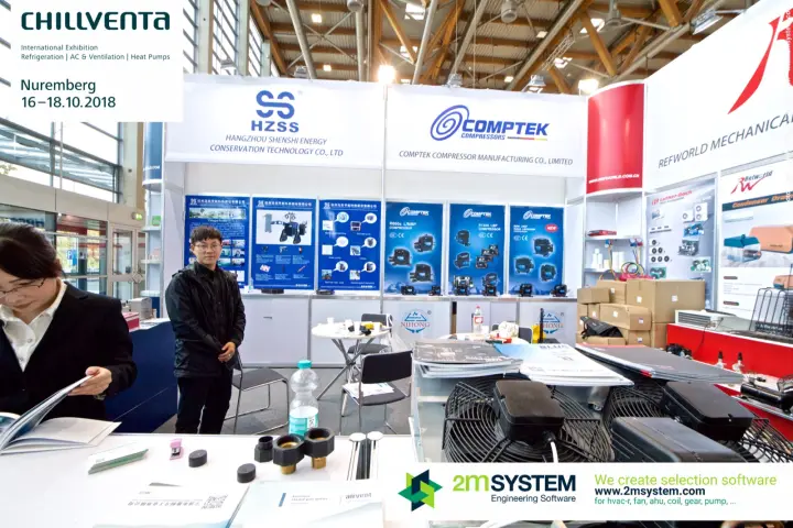 Front view of HZSS and Comptek booths with condensing unit fans on the counter at Chillventa 2018
