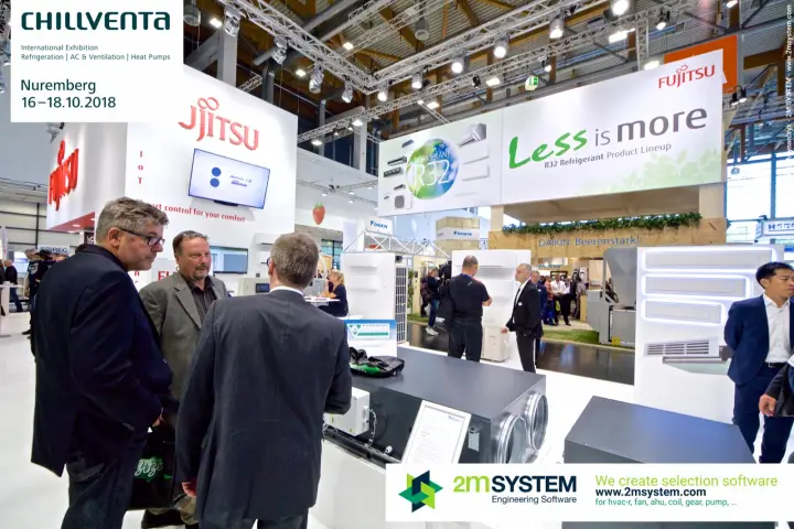 Fujitsu "Less is more" R32 banner above a Swegon heat recovery unit at Chillventa 2018