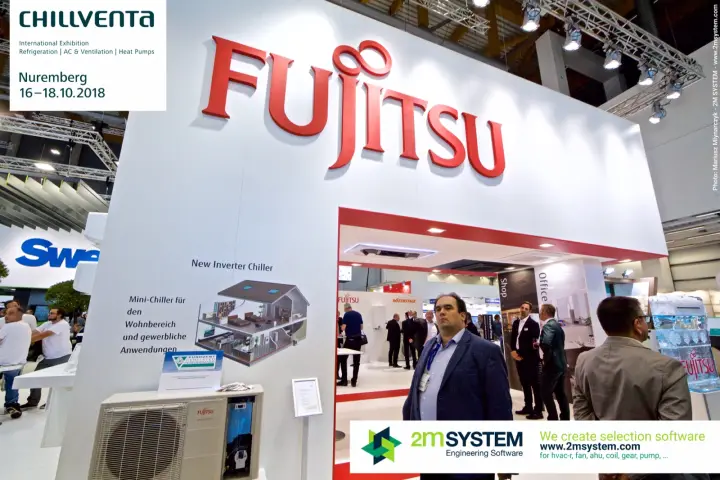 Fujitsu 'New Inverter Chiller' wall with house cutaway graphic at Chillventa 2018