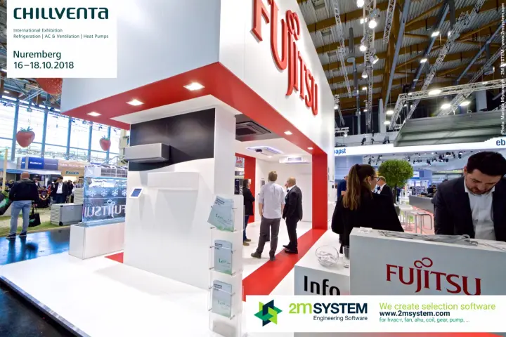Fujitsu portal with indoor units and 'Product News' brochure rack at Chillventa 2018
