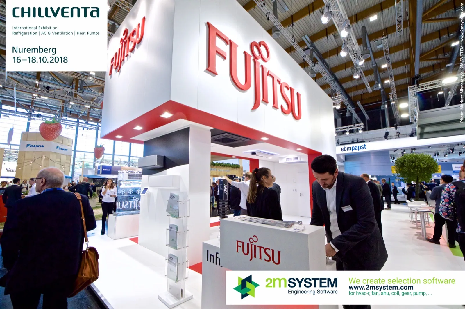 Fujitsu stand corner with info counter and ice sculpture logo at Chillventa 2018