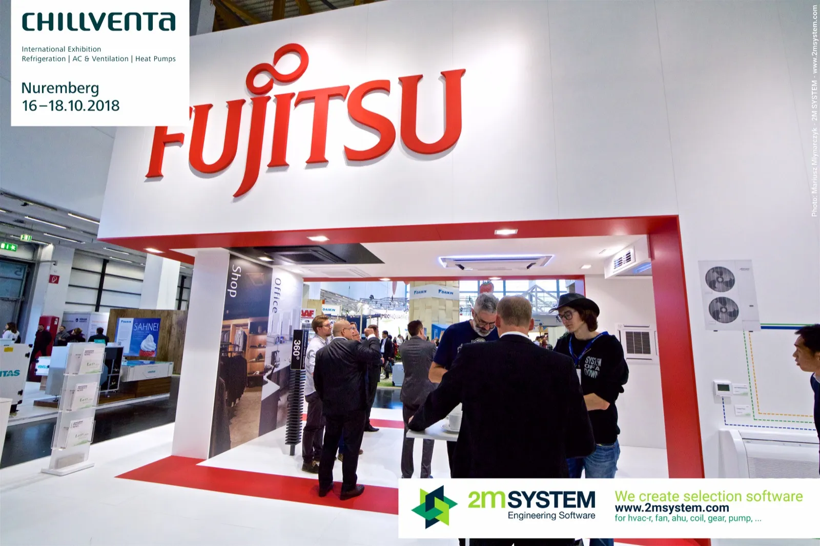 Fujitsu stand entrance with 'Shop' and 'Office' application zones at Chillventa 2018