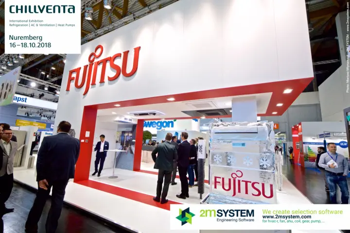 Fujitsu stand front with ice block showing a frozen indoor unit at Chillventa 2018