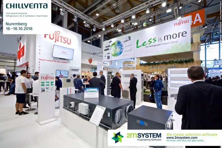 Fujitsu ventilation units and 'Less is more' R32 product lineup banner at Chillventa 2018