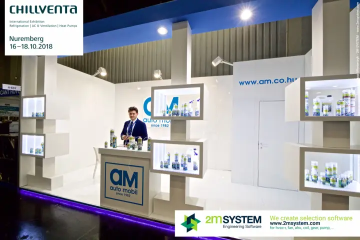 Full view of the white AM Auto Mobil stand with box-shelf columns