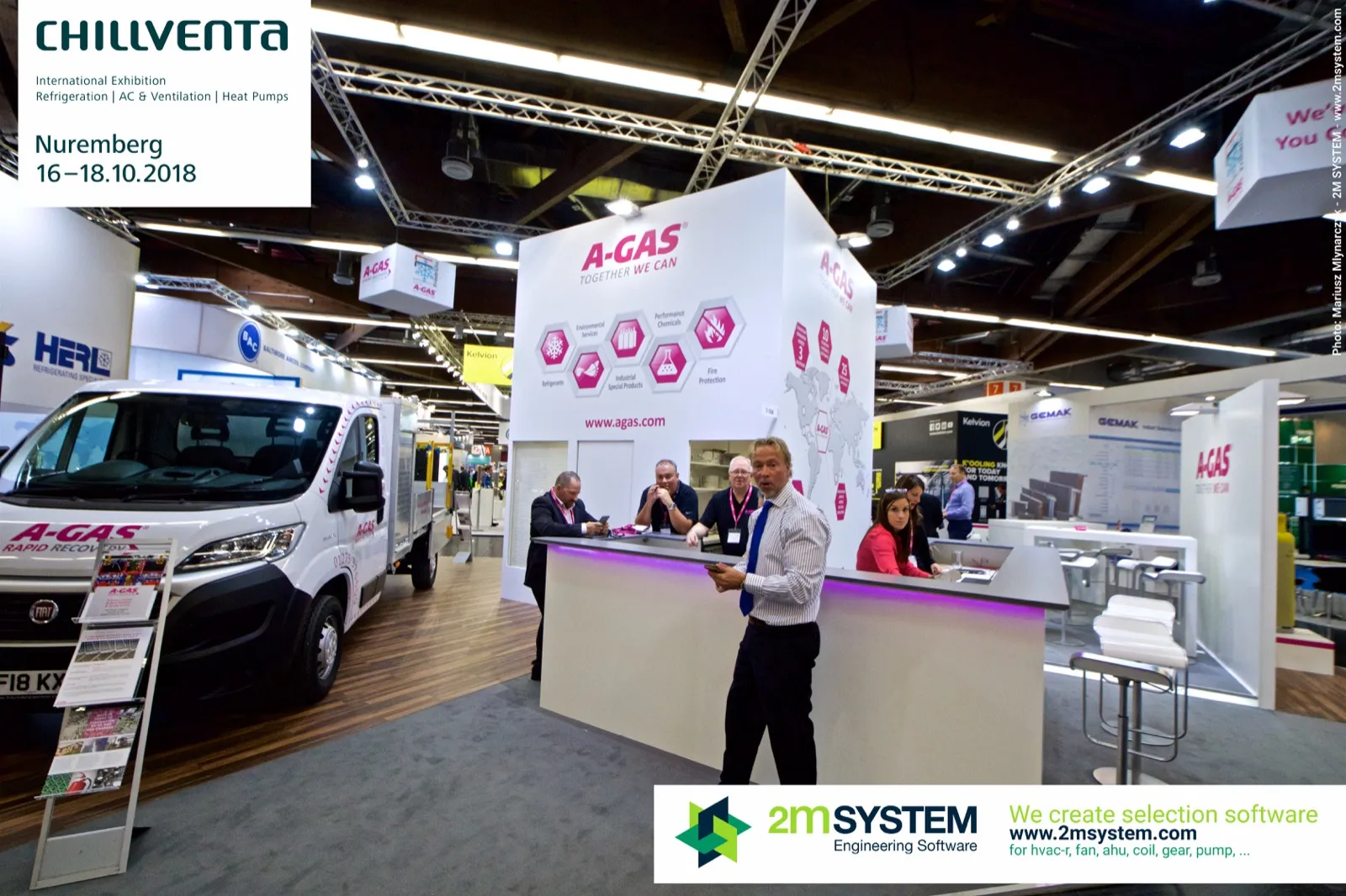 A-Gas stand with a 'Rapid Recovery' van and a magenta-lit counter at Chillventa 2018