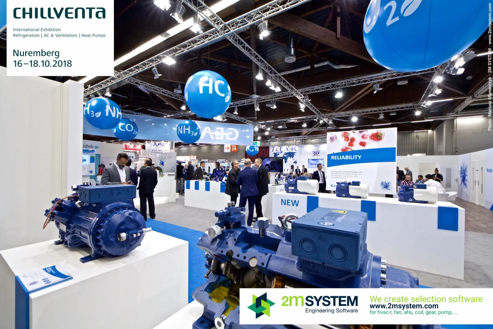 GEA compressor display with 'NEW' plinths and 'RELIABILITY' panel at Chillventa 2018