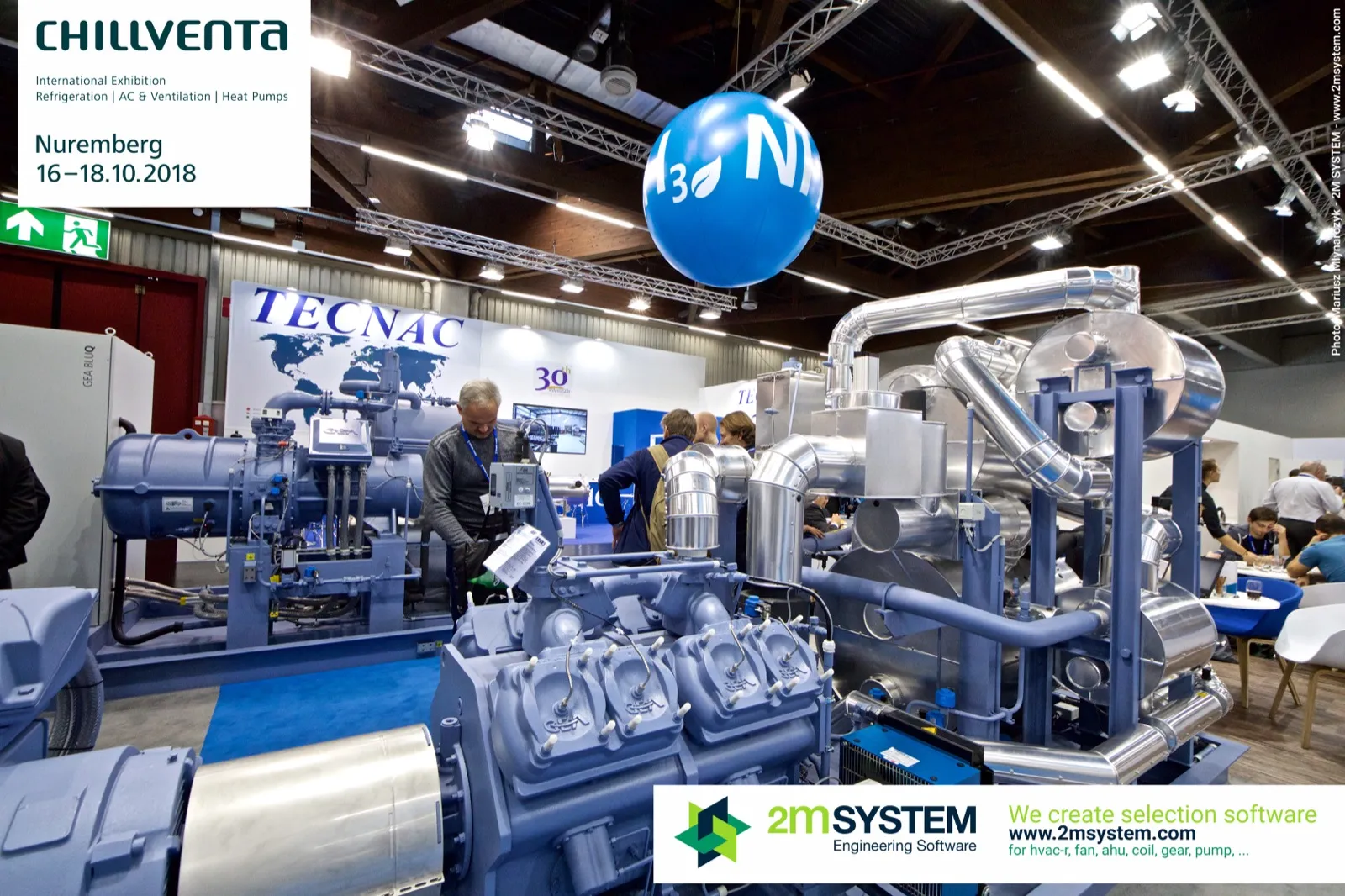 GEA compressor packages with aluminium-clad insulated piping under an NH3 balloon at Chillventa 2018