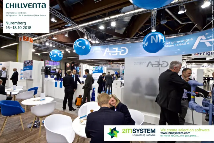 GEA lounge with blue chairs and balloons under 'engineering for a better world' at Chillventa 2018