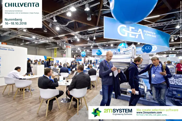 GEA stand lounge under the suspended blue ring banner at Chillventa 2018