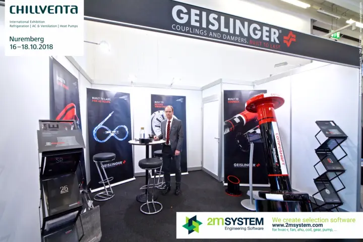 Geislinger couplings and dampers stand under a black fascia at Chillventa 2018