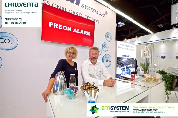 Geopal System team with a red FREON ALARM message on the stand screen at Chillventa 2018