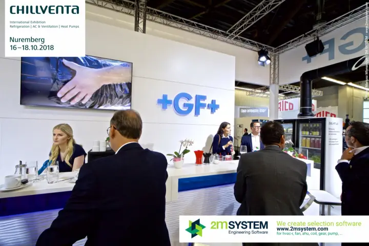GF bar counter beneath blue +GF+ letters and video screen at Chillventa 2018