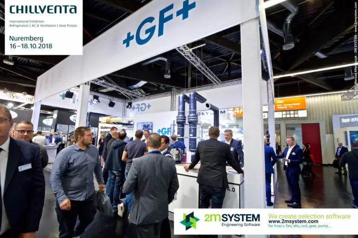 GF stand entrance under a white +GF+ fascia with pipe installation at Chillventa 2018