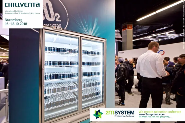 Glass-door refrigerated display cabinet stocked with cans on Panasonic stand