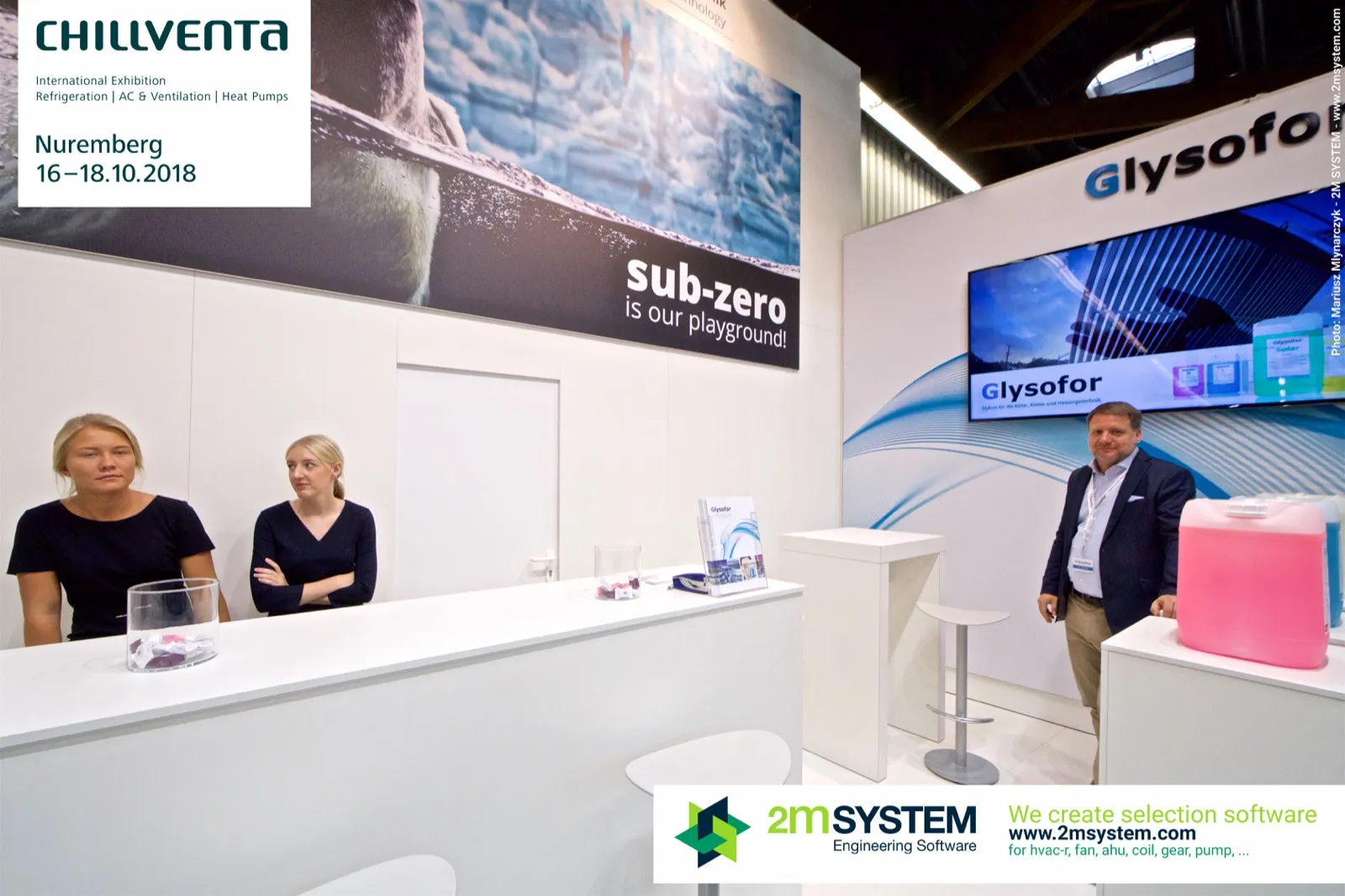 Glysofor reception counter and video screen with product canisters at Chillventa 2018