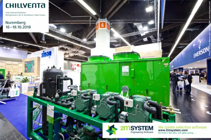 Green Sinop compressor rack with receiver in front of a housed chiller at Chillventa 2018