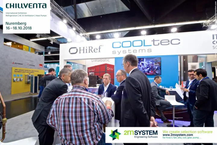 Group discussion at the Cooltec Systems counter by the red DataBatic unit at Chillventa 2018
