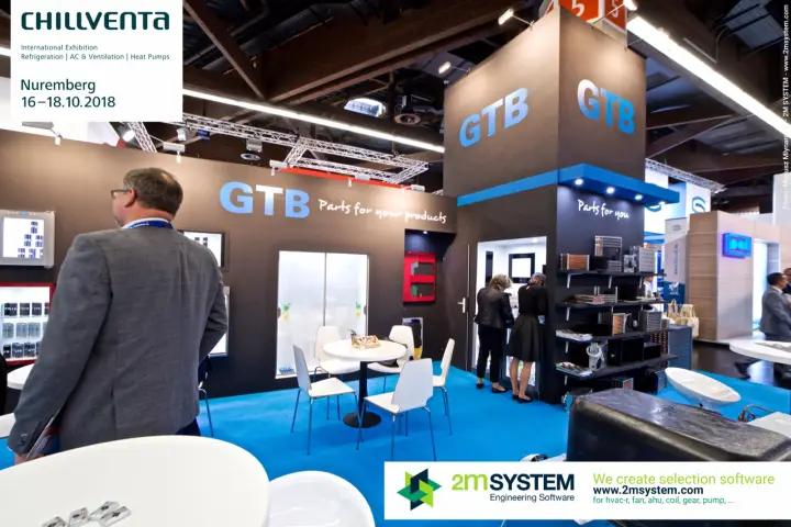 GTB stand overview with branded tower, meeting tables and product shelves at Chillventa 2018
