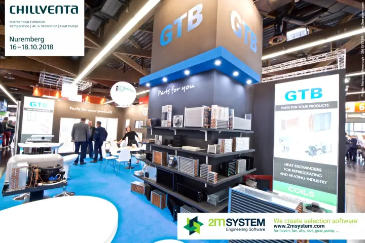 GTB tower with shelves of finned coils and fan units, "Parts for you" at Chillventa 2018