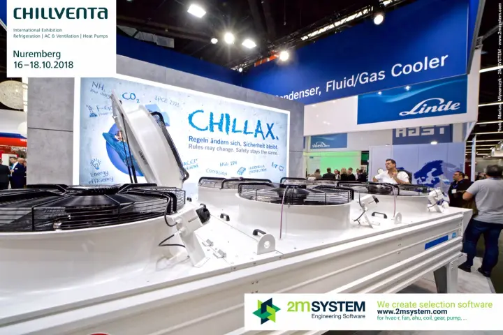 Güntner fluid cooler with one fan hinged open before the CHILLAX wall at Chillventa 2018
