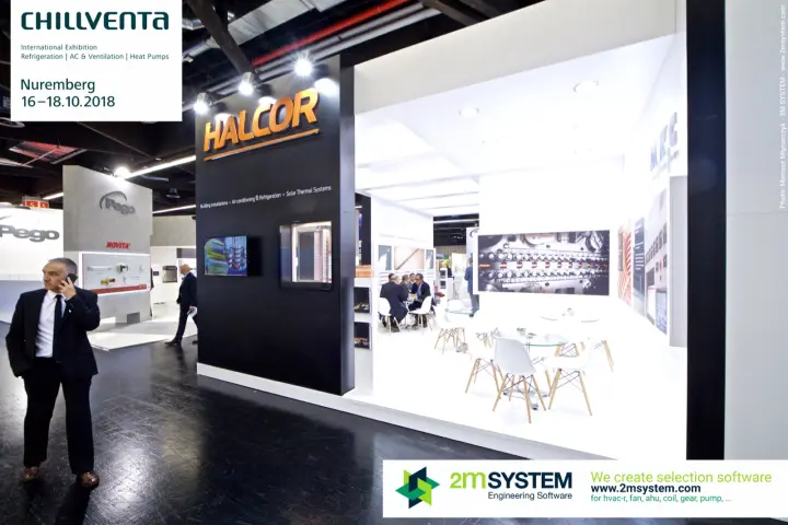 Halcor black entrance tower with copper logo and white lounge at Chillventa 2018