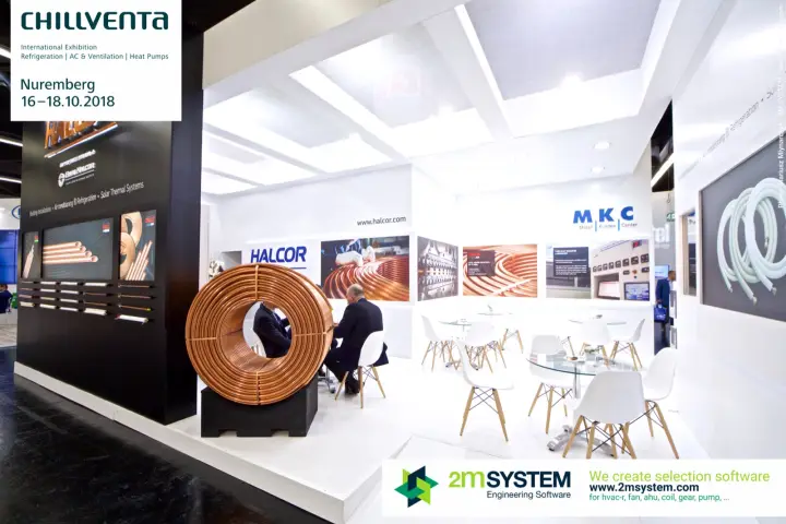 Halcor stand with a large copper tube coil and MKC lounge area at Chillventa 2018