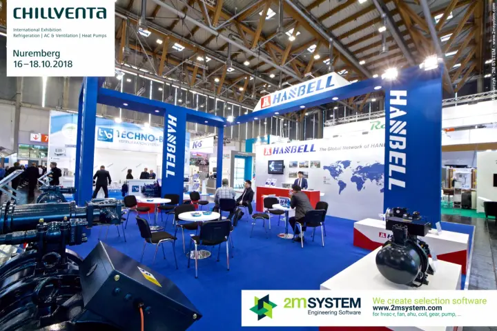 Hanbell stand with refrigeration compressors and blue meeting area at Chillventa 2018