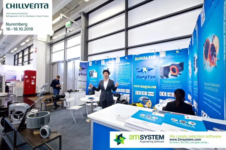 Hangda counter with brochures and double-inlet centrifugal blowers at Chillventa 2018