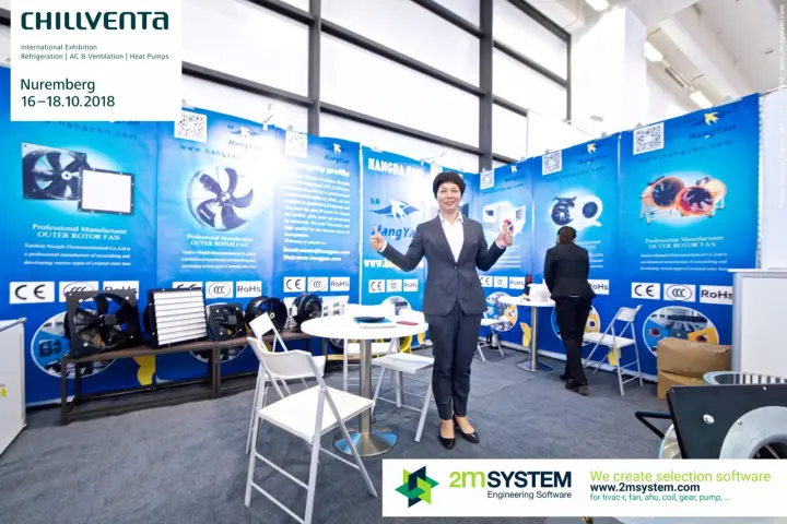 Hangda staff in front of HangYan fan banners and company profile at Chillventa 2018