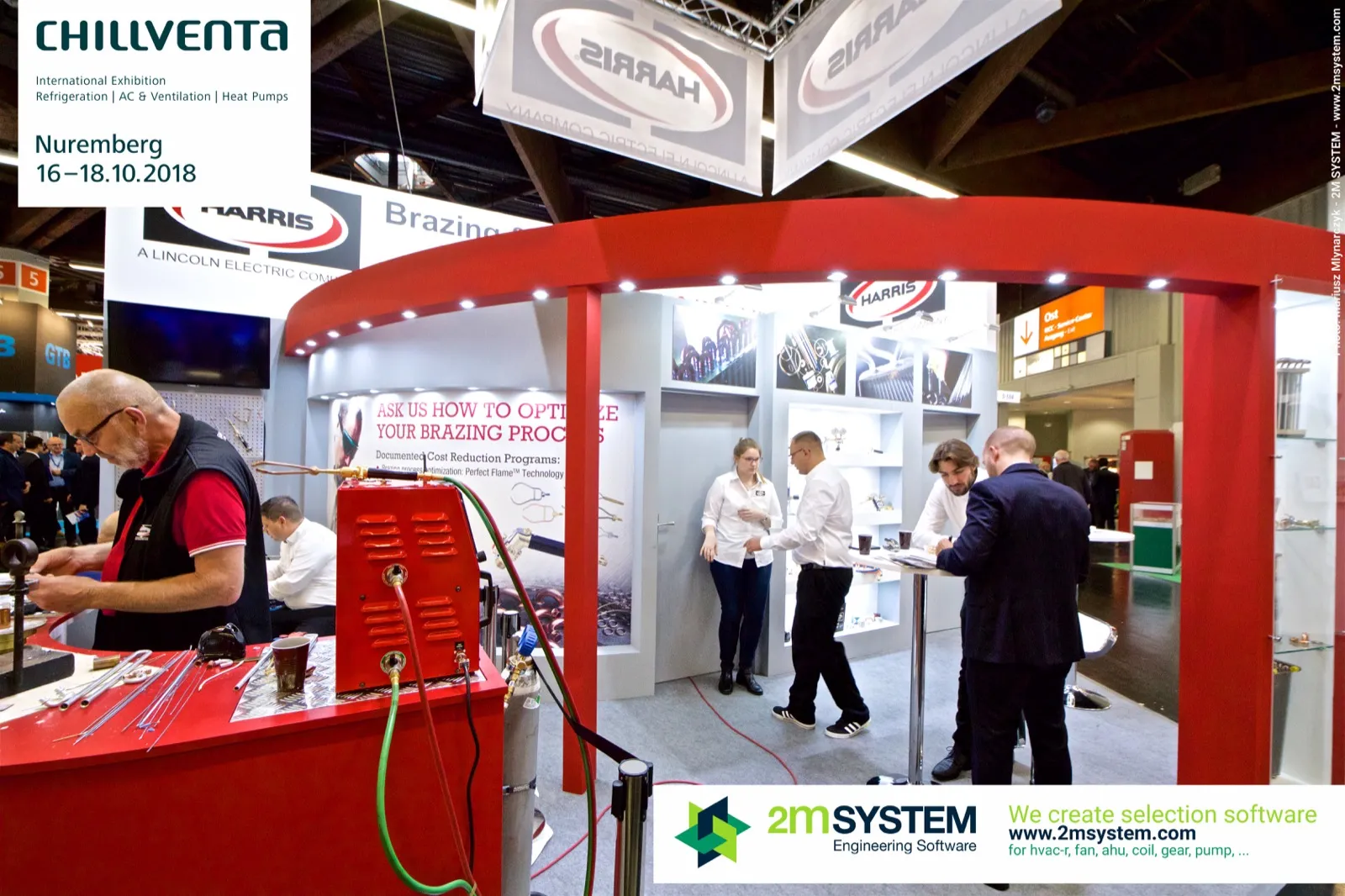 Harris brazing stand with live demonstration at the red curved counter at Chillventa 2018
