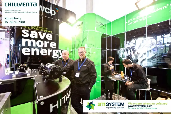 Haweco staff beside Hitachi horizontal scroll compressors on display at Chillventa 2018