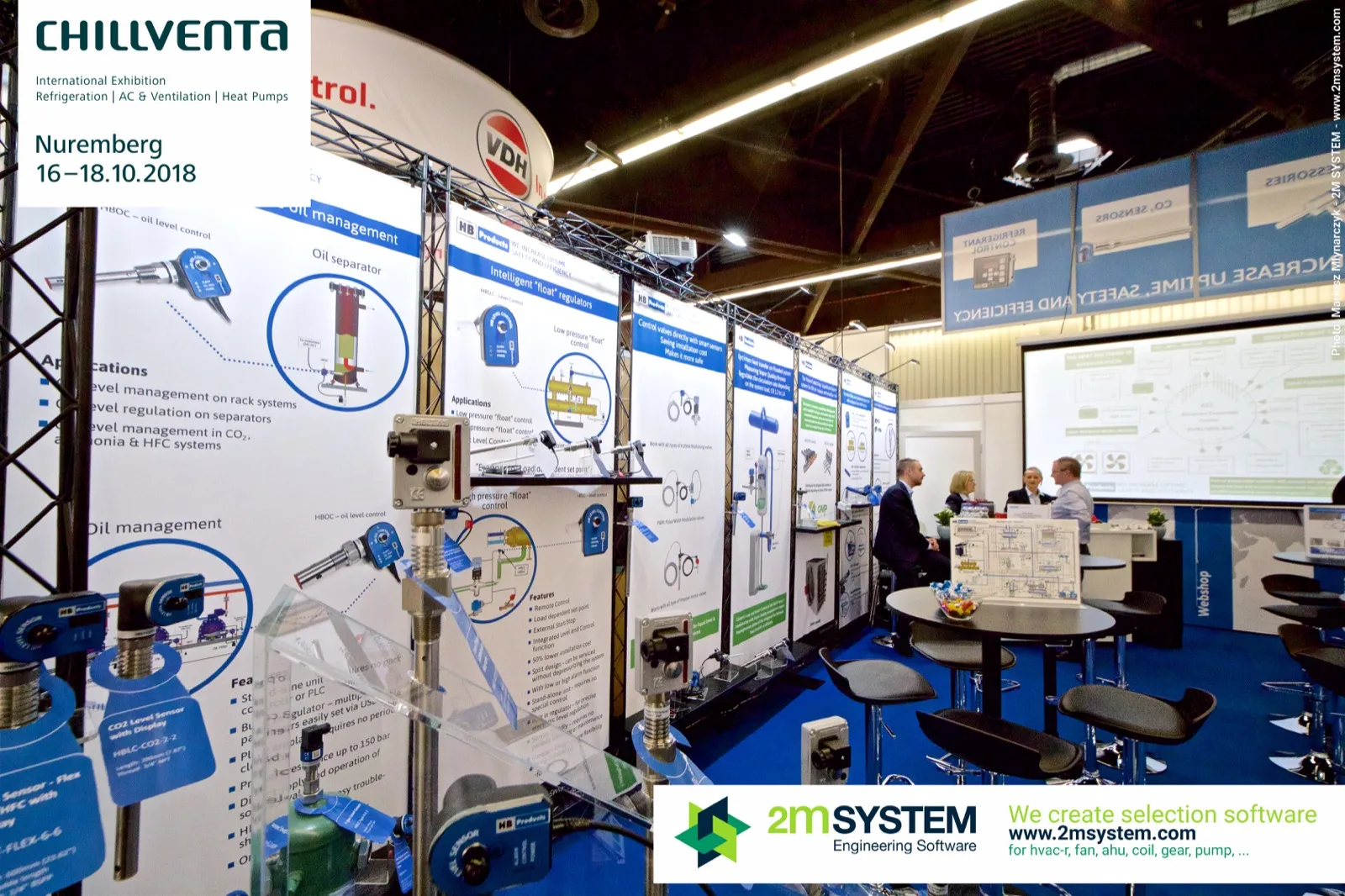 HB Products level sensors in front of oil management panels at Chillventa 2018