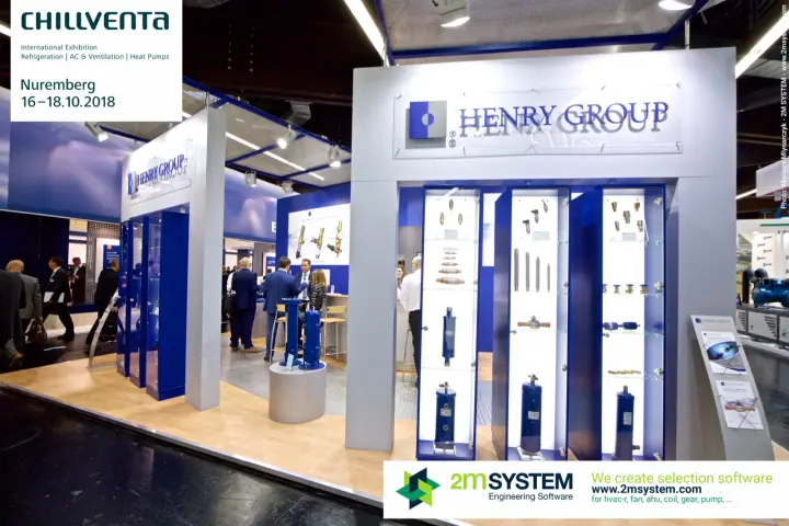 Henry Group stand entrance with lit showcases of valves and receivers