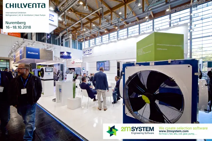Hidria axial fan in a blue cabinet with a green cube on top at Chillventa 2018