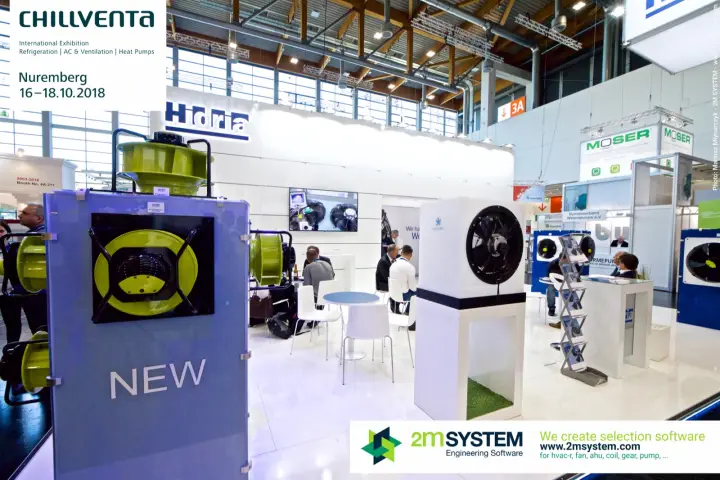 Hidria panel marked NEW with lime-green centrifugal fan impellers at Chillventa 2018