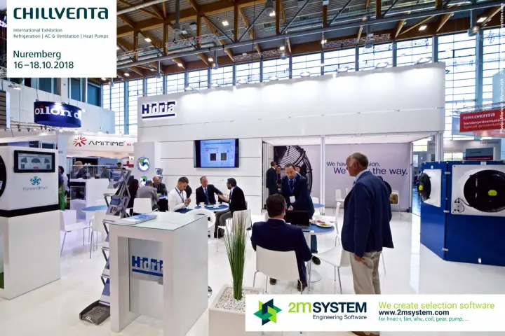 Hidria stand with Speedifan display, busy tables and fan cabinets at Chillventa 2018